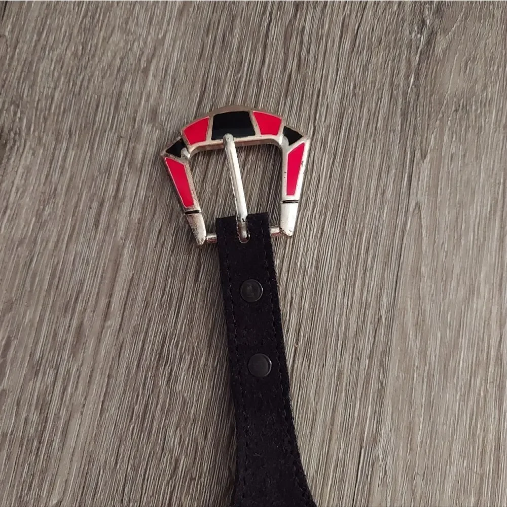 Black Suede Belt with Red, Black, and Silver-tone Geometric Buckle XS